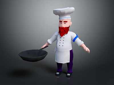3D Cartoon Chef Character With Red Beard Wearing Chef Hat Holding Frying Pan 3d model