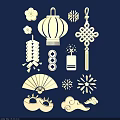 Golden Chinese Traditional Decorative Elements With Lantern Knots Firecrackers And Fan On Dark Blue Background