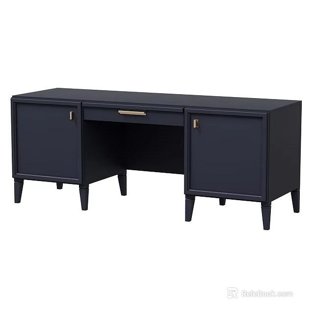 Modern Dark Blue Desk With Cabinet Doors Drawer And Tapered Legs 3d model 