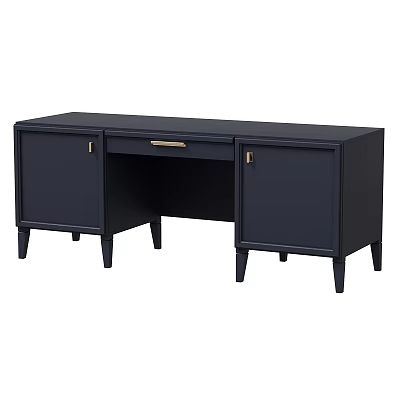 Modern Dark Blue Desk With Cabinet Doors Drawer And Tapered Legs 3d model