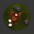 Wooden Tree Stump With Red Mushrooms And Stone Rocks On Green Grass