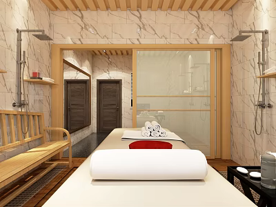 Shower Sauna Interior Design With Marble Walls Wooden Bench And Massage Bed 3d model