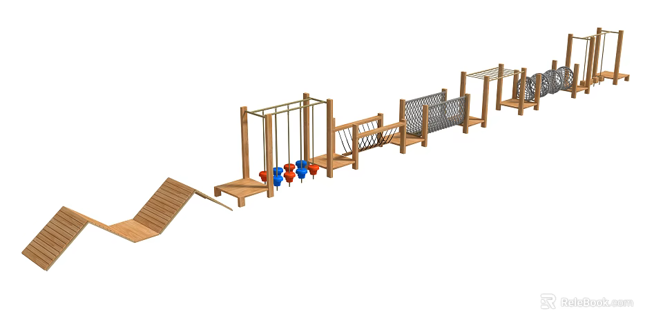 Outdoor Wooden Playground Equipment With Climbing Net Swings Balance Beam And Slide 3d model 