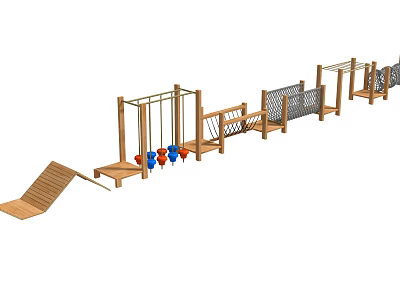 Outdoor Wooden Playground Equipment With Climbing Net Swings Balance Beam And Slide 3d model