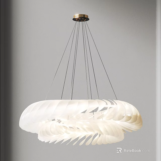 Modern Double Layered White Feather Shaped Pendant Light With Metal Hanging Wires 3d model 