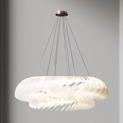 Modern Double Layered White Feather Shaped Pendant Light With Metal Hanging Wires 3d model