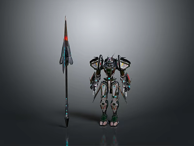 Mechanical Robot Character Standing Holding Long Spear With Detailed Armor Design 3d model