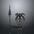 Mechanical Robot Character Standing Holding Long Spear With Detailed Armor Design