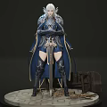 Woman in Blue and White Ornate Armor with Silver Hair and Long Sword