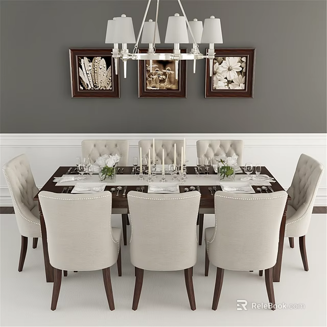 Elegant Dining Room Table And Chairs Set With Beige Seats Candles And Paintings 3d model 