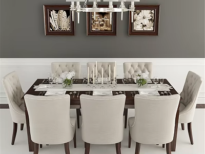 Elegant Dining Room Table And Chairs Set With Beige Seats Candles And Paintings 3d model