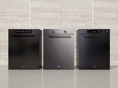 Modern Black Midea Kitchen Appliances Three Units Against Light Wall And Gray Countertop 3d model
