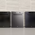 Modern Black Midea Kitchen Appliances Three Units Against Light Wall And Gray Countertop