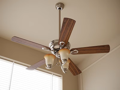 Ceiling Fan With Light Featuring Wooden Blades And Glass Shades In Room With Window 3d model