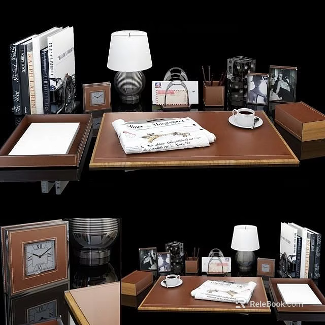 Desk Top Office Setup With Lamp Books Photo Frames Coffee Cup And Newspaper 3d model 