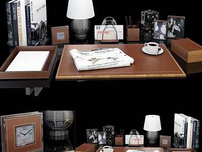 Desk Top Office Setup With Lamp Books Photo Frames Coffee Cup And Newspaper 3d model