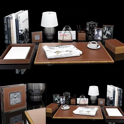 Desk Top Office Setup With Lamp Books Photo Frames Coffee Cup And Newspaper 3d model