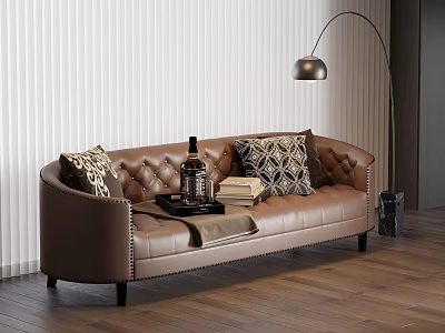 Brown Leather Double Sofa With Decorative Pillows Throw Blanket On Wooden Floor With Floor Lamp 3d model