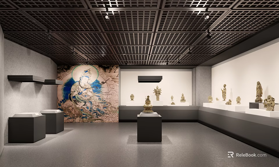 Cultural Center Interior With Art Mural Statues On Display Stands And Grid Ceiling Design 3d model 