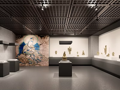 Cultural Center Interior With Art Mural Statues On Display Stands And Grid Ceiling Design 3d model