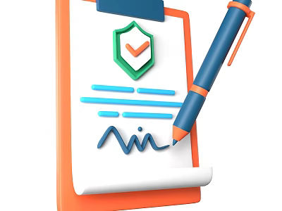 Notebook On Orange Clipboard With Blue Pen Shield Icon Checkmark And Signature Lines 3d model