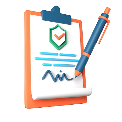 Notebook On Orange Clipboard With Blue Pen Shield Icon Checkmark And Signature Lines 3d model