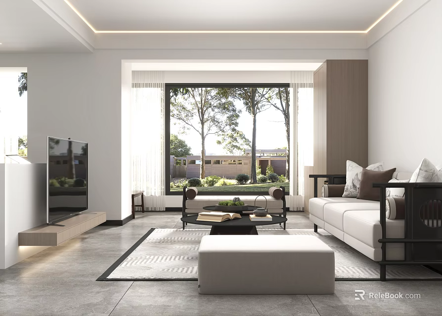 Modern Living Room With Large Windows White Sofa TV Stand Area Rug And Ottoman 3d model 