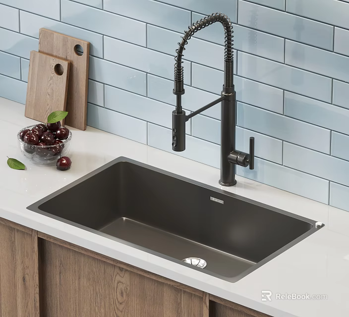 Black Stainless Steel Single Bowl Kitchen Sink with Faucet Blue Tile Backsplash Wooden Countertop 3d model 