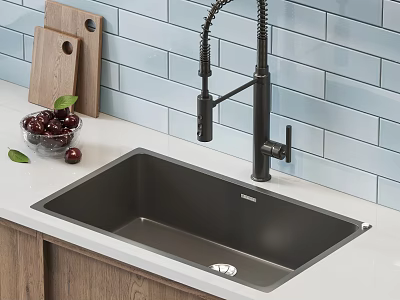 Black Stainless Steel Single Bowl Kitchen Sink with Faucet Blue Tile Backsplash Wooden Countertop 3d model