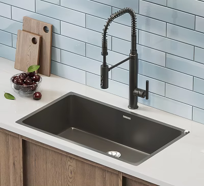 Black Stainless Steel Single Bowl Kitchen Sink with Faucet Blue Tile Backsplash Wooden Countertop 3d model