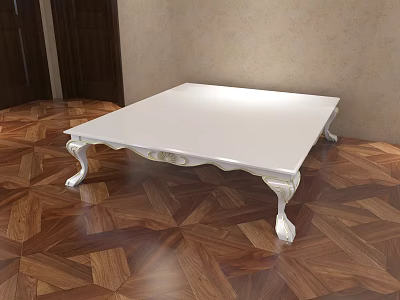 Elegant White Dining Table With Carved Legs On Patterned Wooden Floor 3d model
