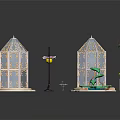 Delicate Decorative Ornament Set With Two Birdcage Ornaments Small Fountain Street Lamp And Flower Pot