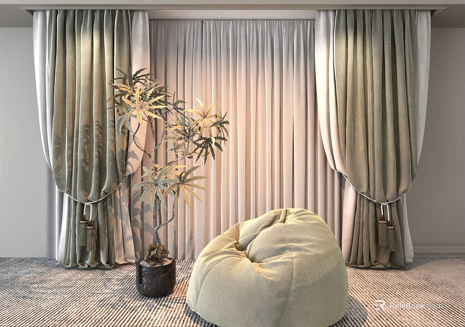 Elegant Green Curtains In Living Room With Sheer Lining And Bean Bag Chair 3d model 