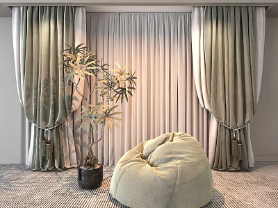 Elegant Green Curtains In Living Room With Sheer Lining And Bean Bag Chair 3d model