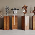 Decorative Ornament Set With Wooden Pedestals And Various Pavilion Figure Plant Sculptures Under Hanging Lanterns