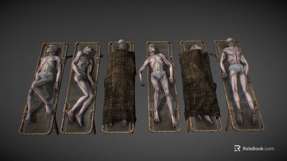 Medical Equipment Stretchers With Covered And Uncovered Bodies Arranged In Medical Setting 3d model 