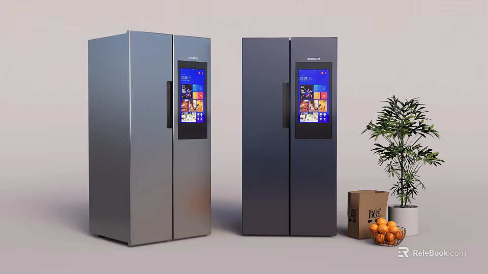 Double Door Refrigerators Featuring Digital Screens Silver Dark Gray Carton Box Potted Plant And Oranges 3d model 