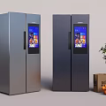 Double Door Refrigerators Featuring Digital Screens Silver Dark Gray Carton Box Potted Plant And Oranges