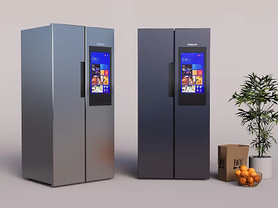 Double Door Refrigerators Featuring Digital Screens Silver Dark Gray Carton Box Potted Plant And Oranges 3d model