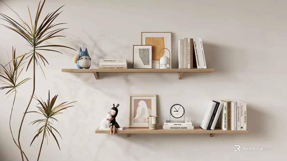 Modern Decorative Ornament Set On Wooden Wall Shelves With Books Frames Figurines And Clock 3d model 