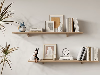 Modern Decorative Ornament Set On Wooden Wall Shelves With Books Frames Figurines And Clock 3d model