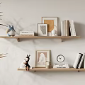 Modern Decorative Ornament Set On Wooden Wall Shelves With Books Frames Figurines And Clock