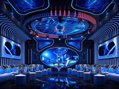 Modern KTV Room Interior Design With Blue Lighting Large Screens And Comfortable Seats 3d model