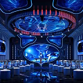 Modern KTV Room Interior Design With Blue Lighting Large Screens And Comfortable Seats