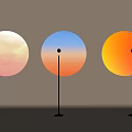 Black Decorative Floor Lamp With Slim Pole Spherical Head And Three Circular Sunset Cloud Halos 3d model
