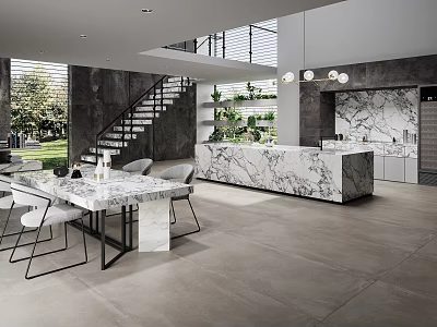 Modern Kitchen Open Layout With Marble Counter Pendant Lights And Vertical Garden 3d model