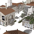 Traditional European Commercial Street Featuring Red Roofs Arcades Plaza Trees And Shops