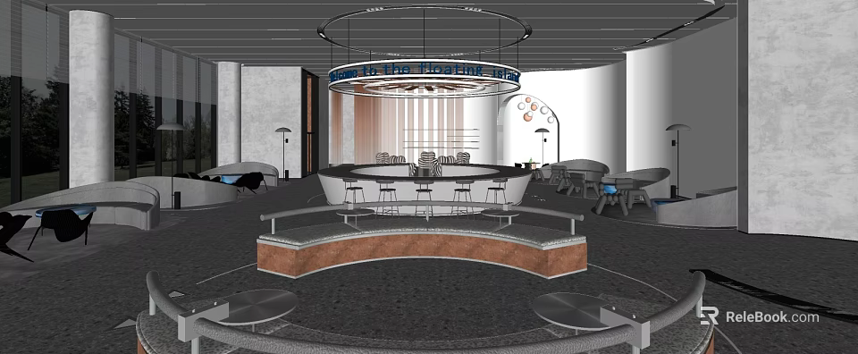 Modern Sales Office Interior Design With Circular Chandelier Reception Counter And Seating Area 3d model 