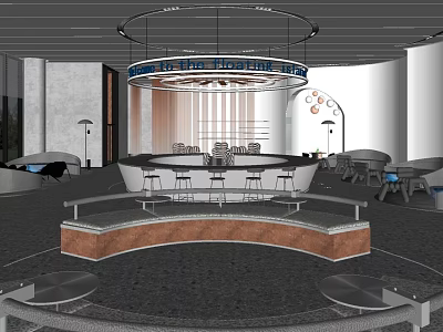 Modern Sales Office Interior Design With Circular Chandelier Reception Counter And Seating Area 3d model