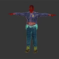 Police Officer in Blue Uniform Standing with Arms Outstretched Against Dark Background